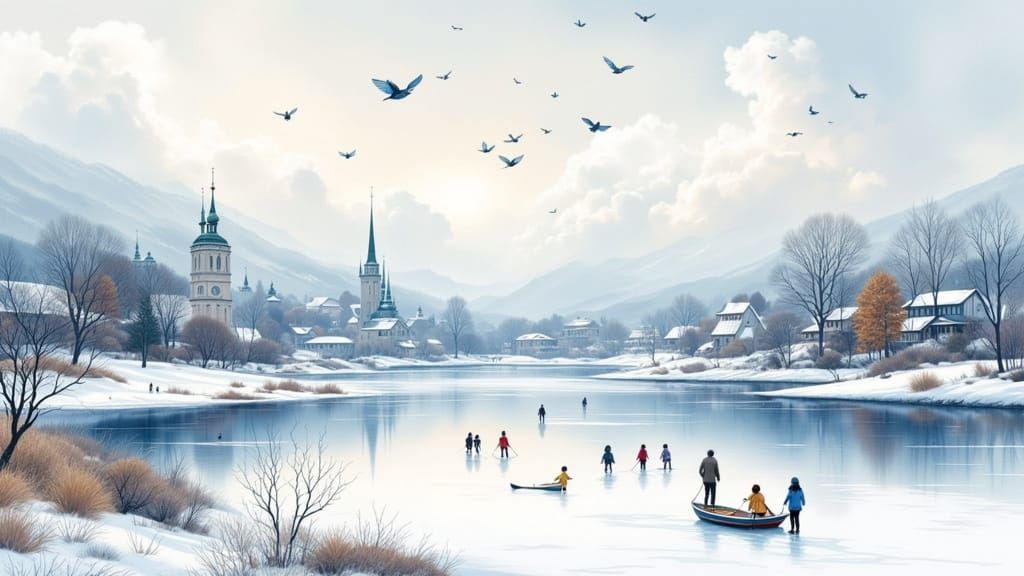 Ethereal Winter Lake with Kingfishers and Skaters