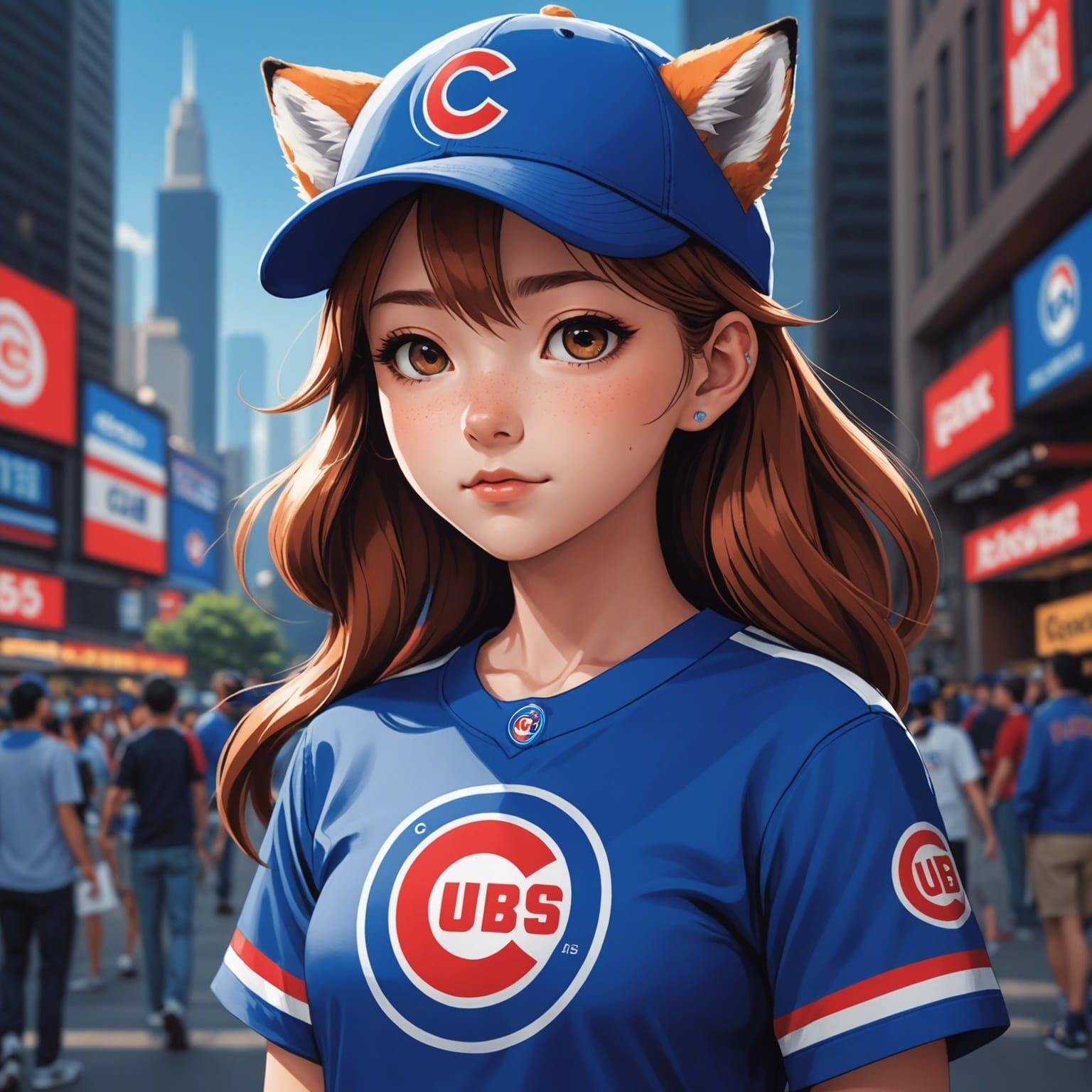 Fox Girl in Cubs Shirt: Anime Cel-Shaded Art