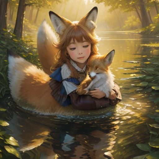 Fox-Child in Lake: Impressionist Oil Painting