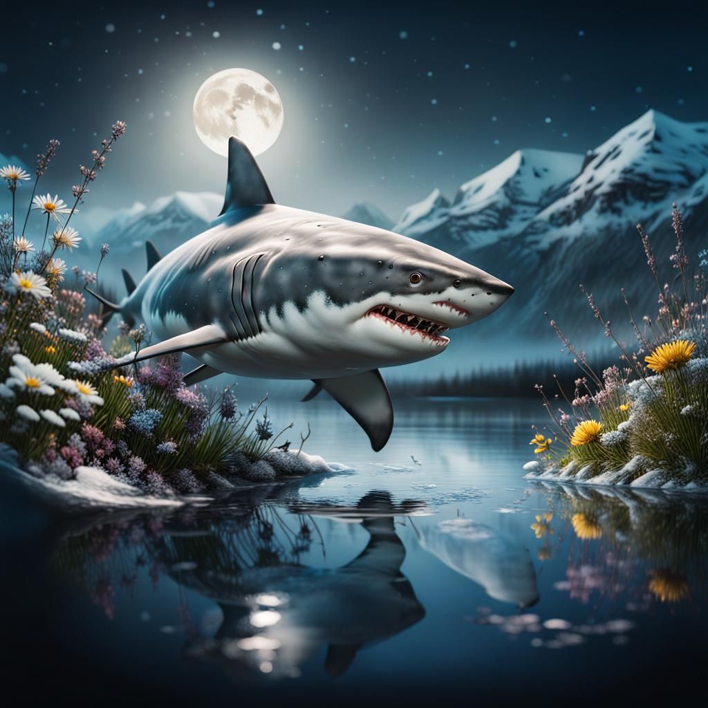 Glass White Shark with Bioluminescent Flora