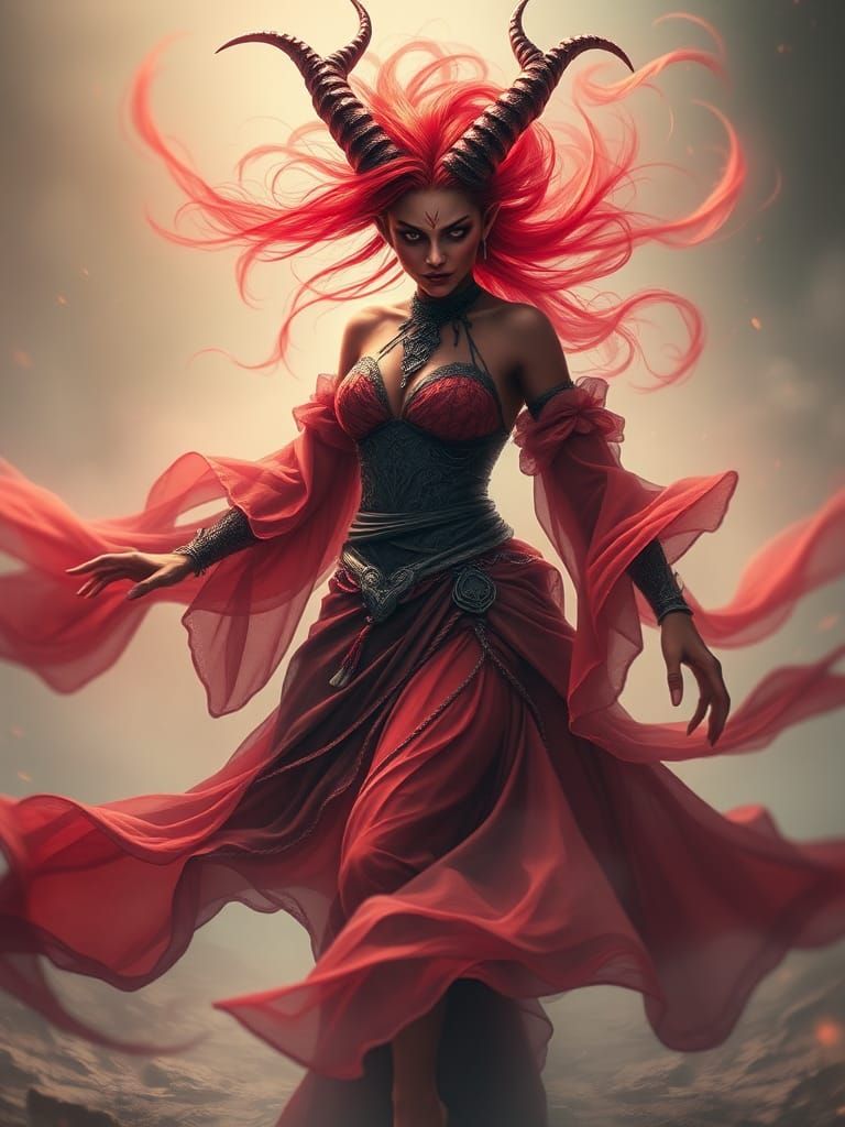 Tiefling Demon Woman in Surreal Long Exposure