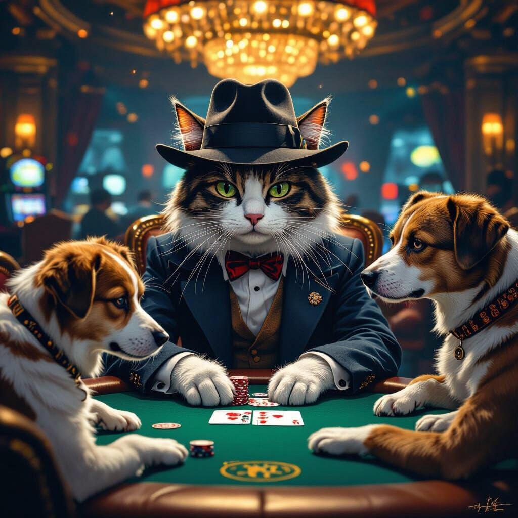 Poker-Playing Cat in Luxurious Casino, Mystical Realism
