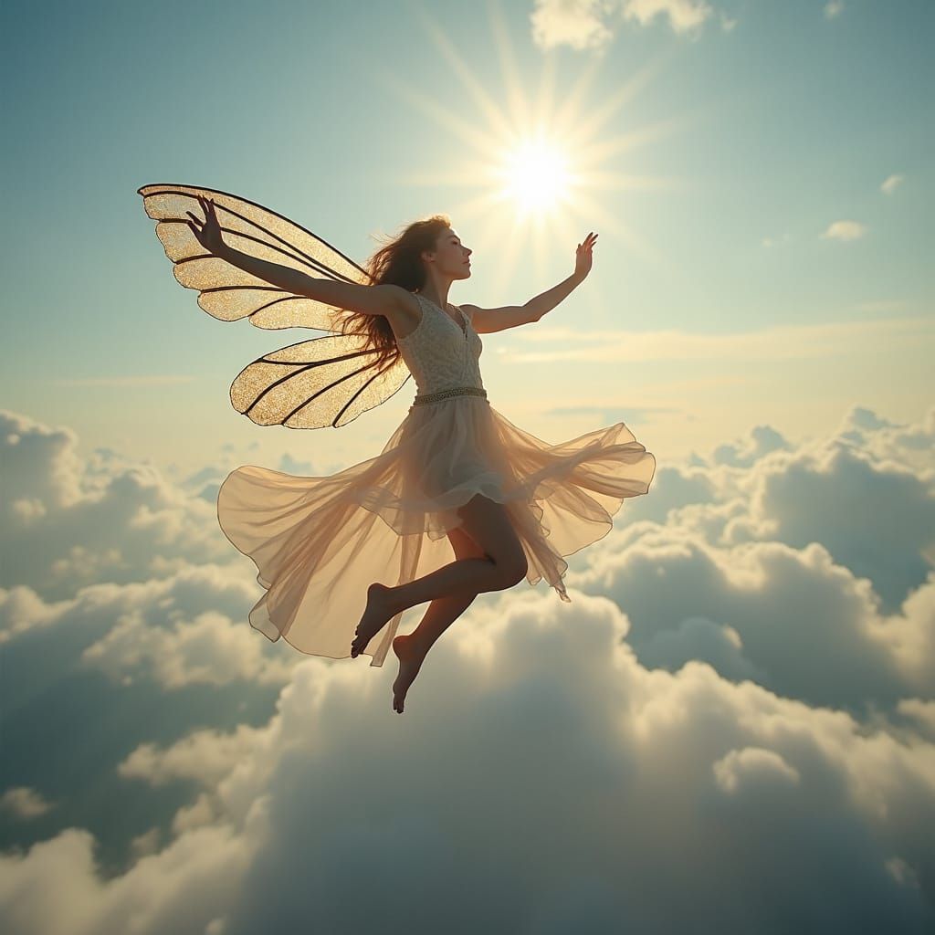 Fairy Woman Flying on Cloud: Digital Art