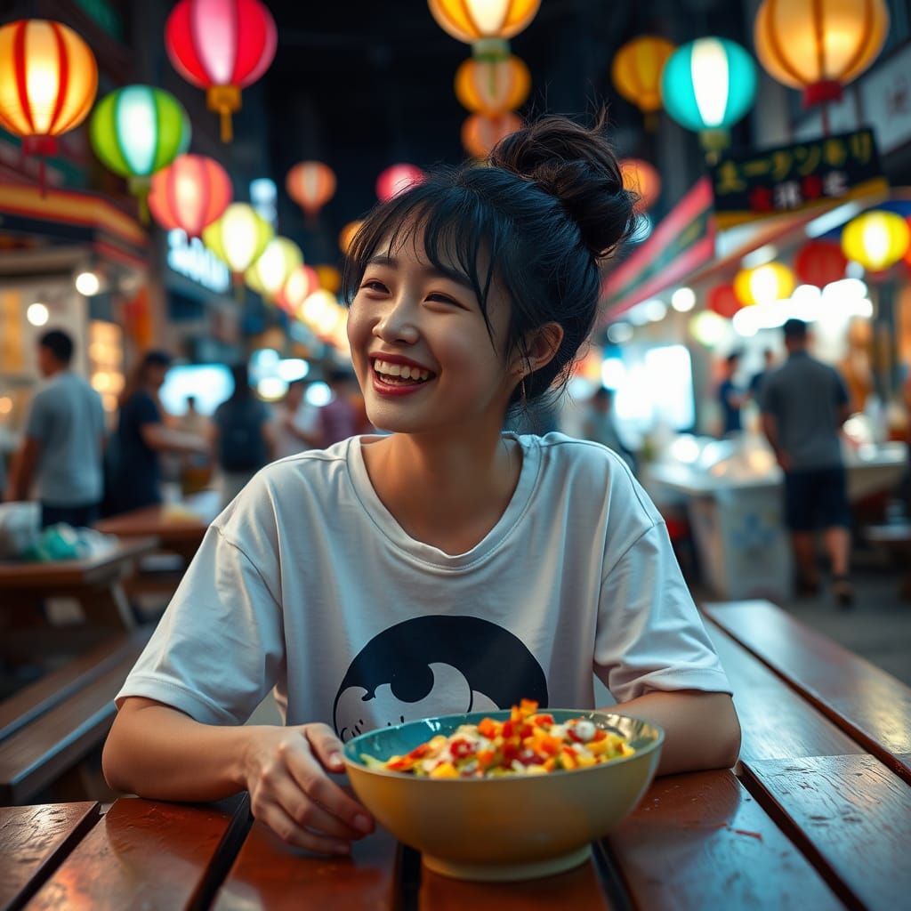 Laughing Japanese Girl at Night Market