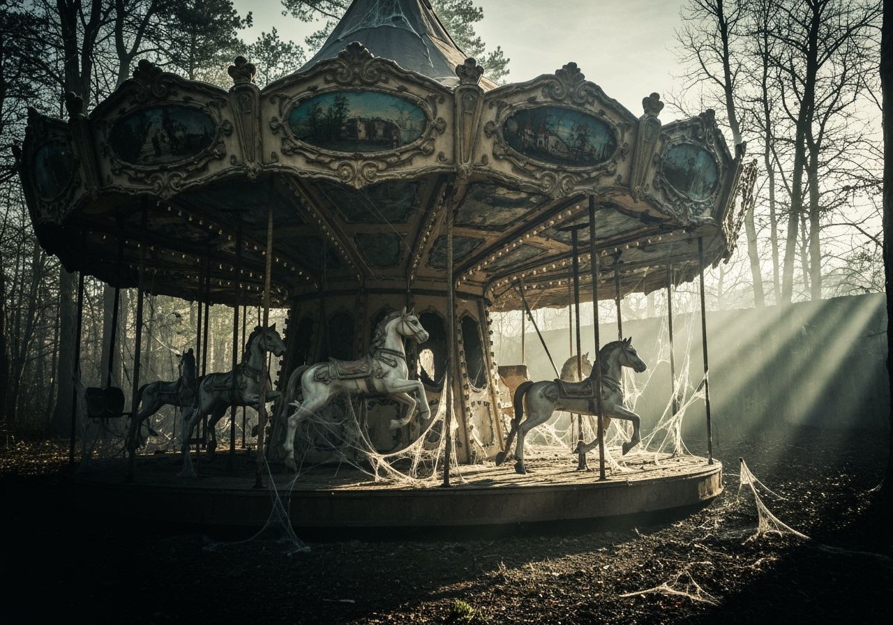 Abandoned Carousel in Post-Apocalyptic Mist