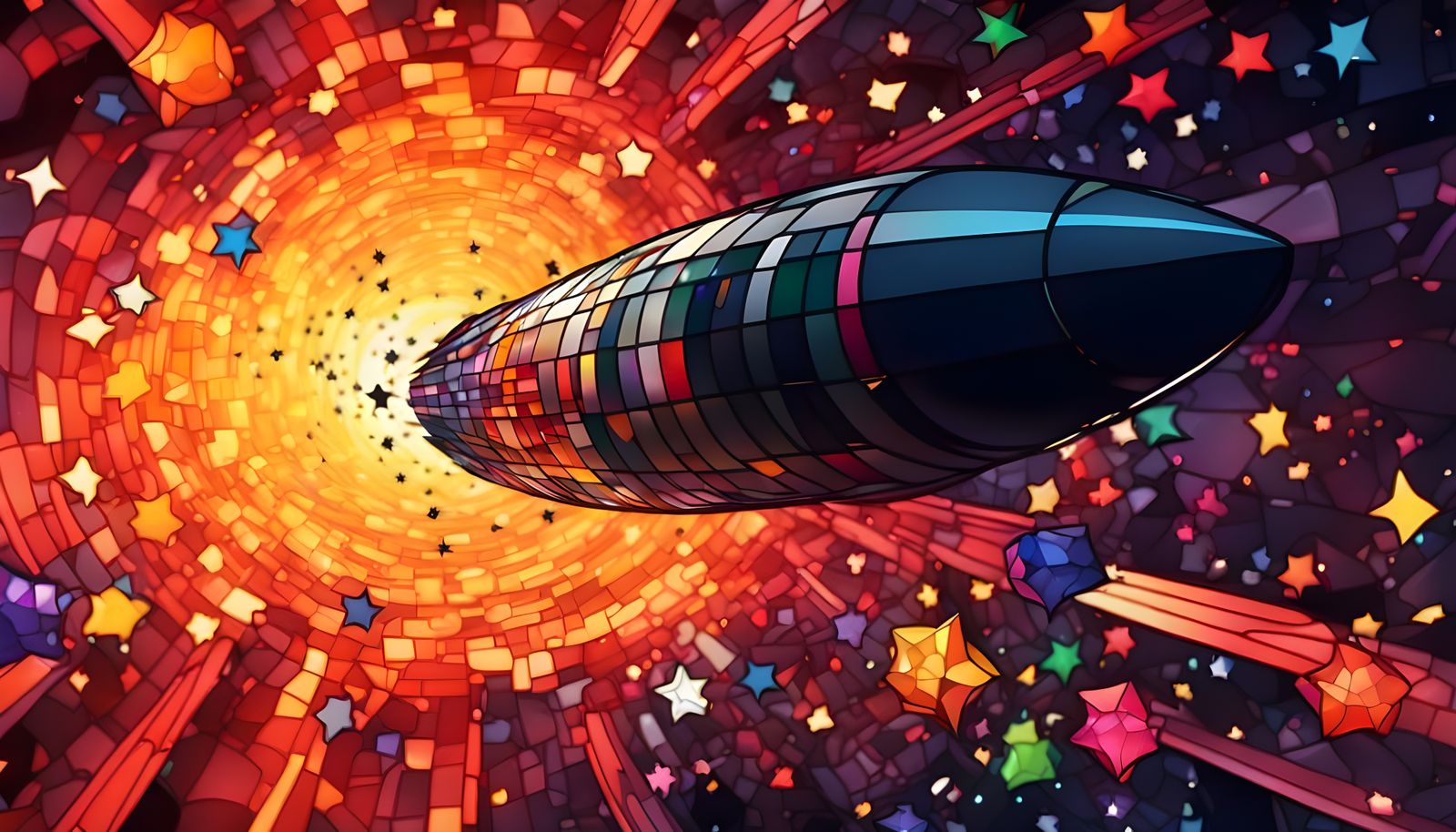 Cup-Shaped Bullet Enters Vortex in Stained-Glass Style