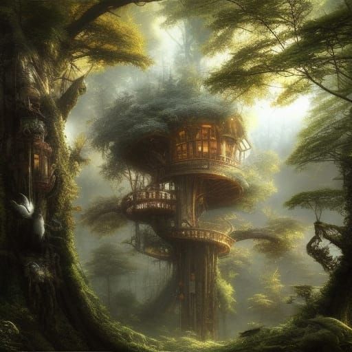 Epic Forest Treehouse Village in Golden Hour