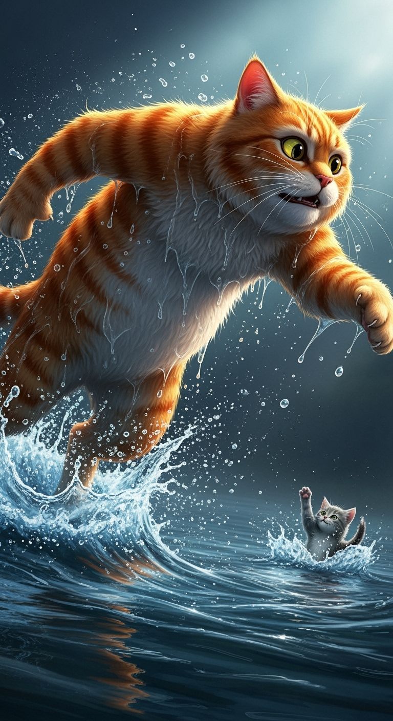 Orange Tabby's River Rescue: Hyper-Realistic Detail