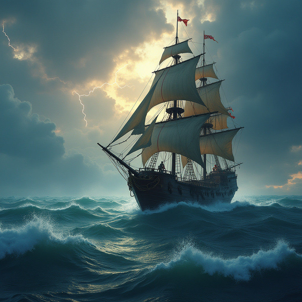 Pirate Ship Sailing Stormy Seas: Detailed Matte Painting