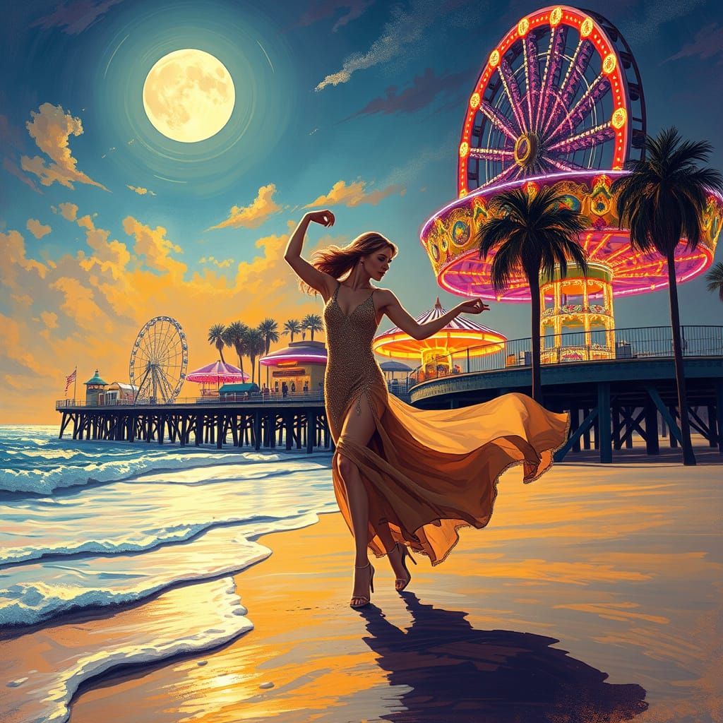 Flapper Dances on Neon Beach in Impressionist Style