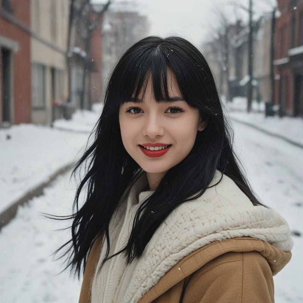 Rounded Face Girl Smiles Brightly in Winter Street
