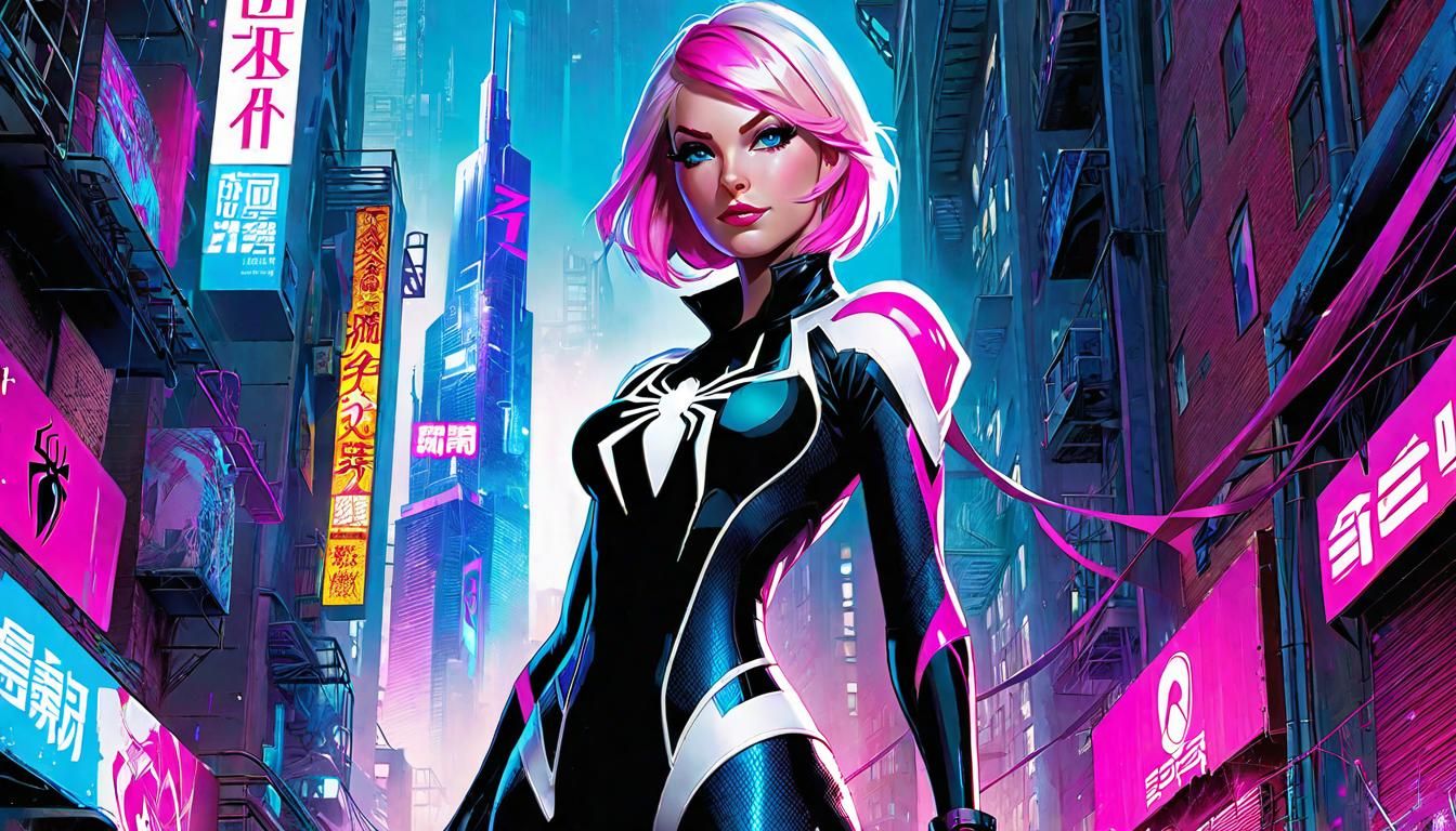 Cyberpunk Spider Gwen Between Buildings