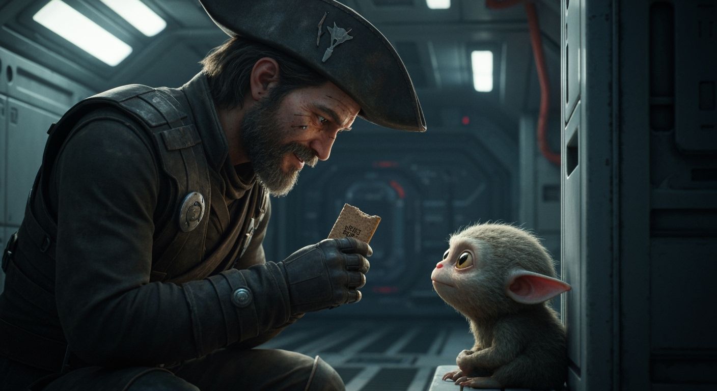 Space Pirate Shares Food With Alien Creature