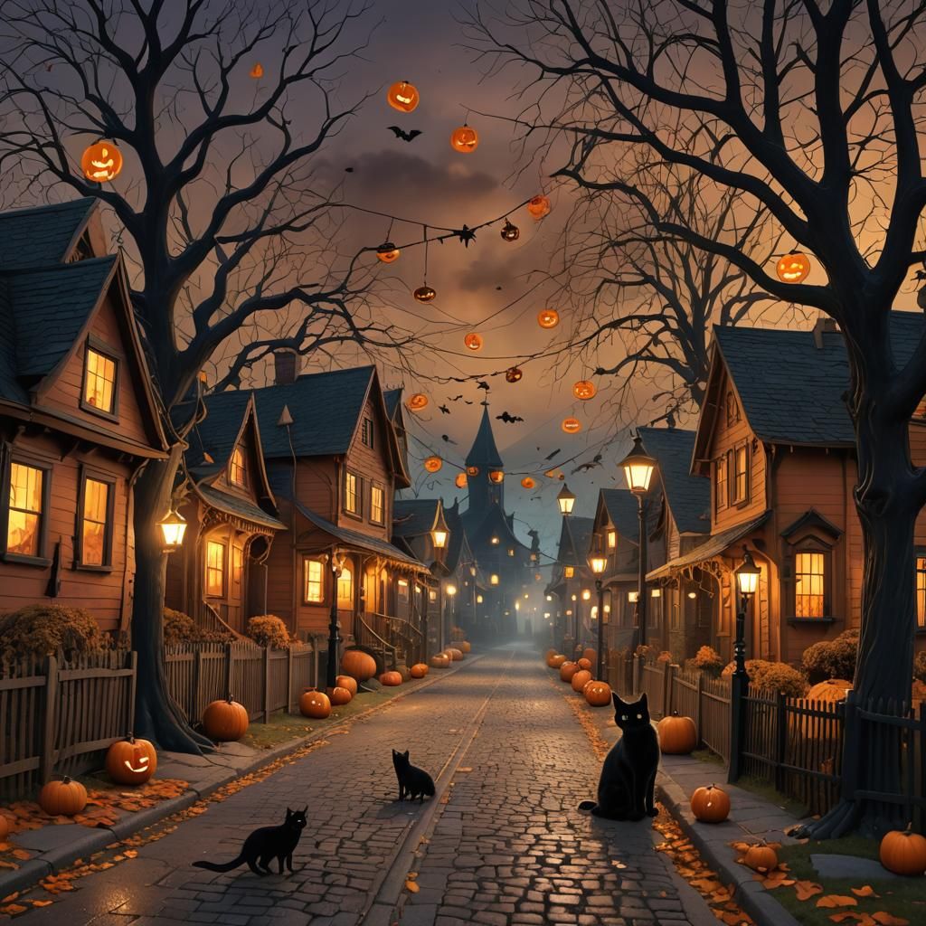 Charming Halloween Street with Pumpkins in Fantasy Art
