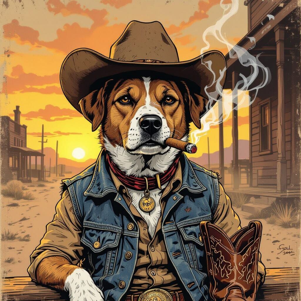 Dog in Western Gear Smoking Cigar, Comic Art