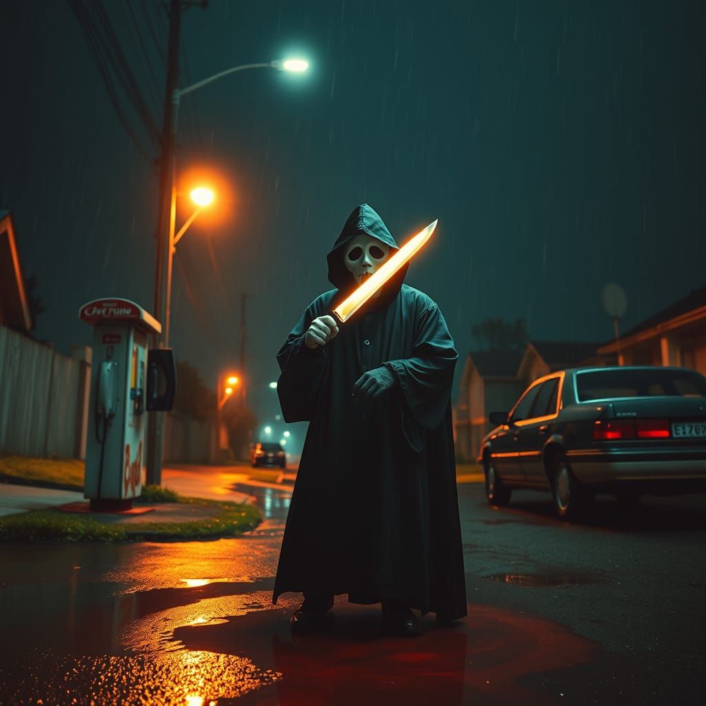Menacing Ghostface Under Neon Streetlight in Rainy Suburban ...
