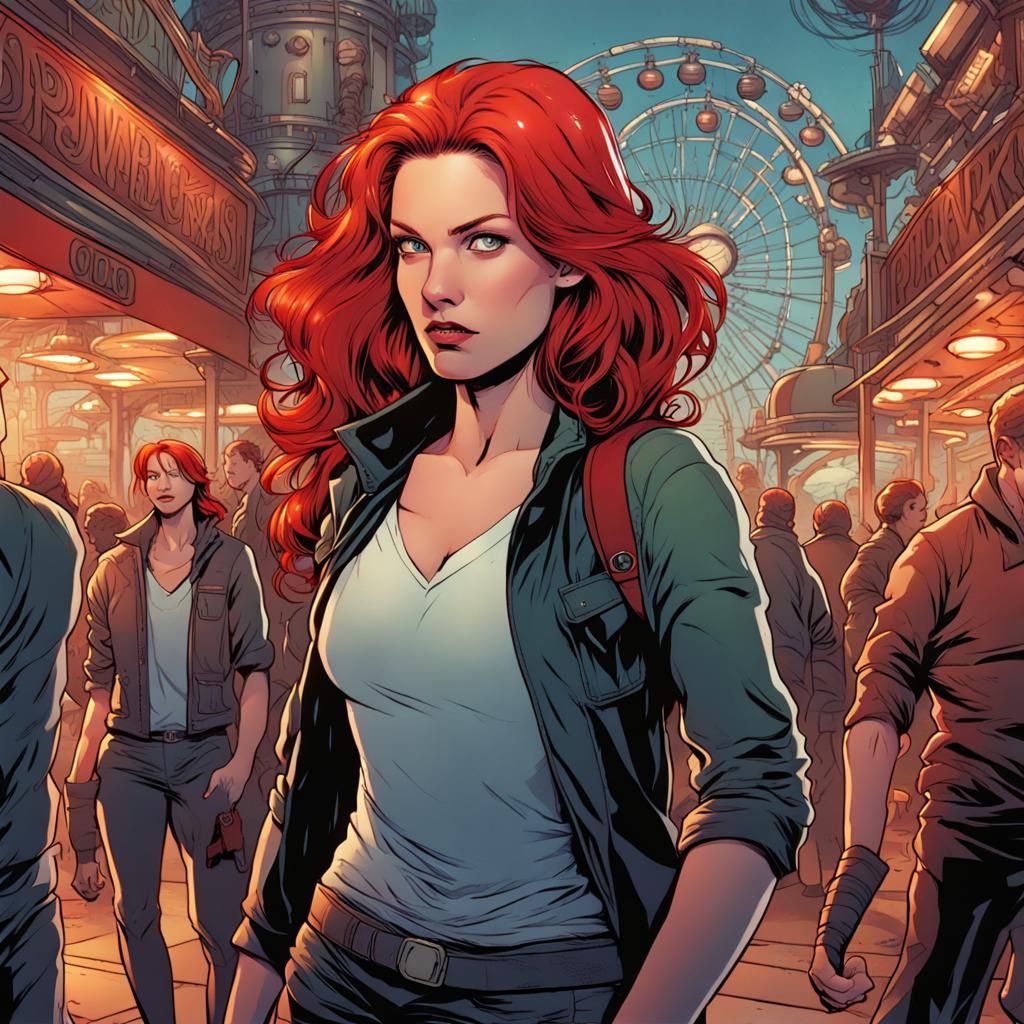Red-Haired Woman in Theme Park, Comic Book Art