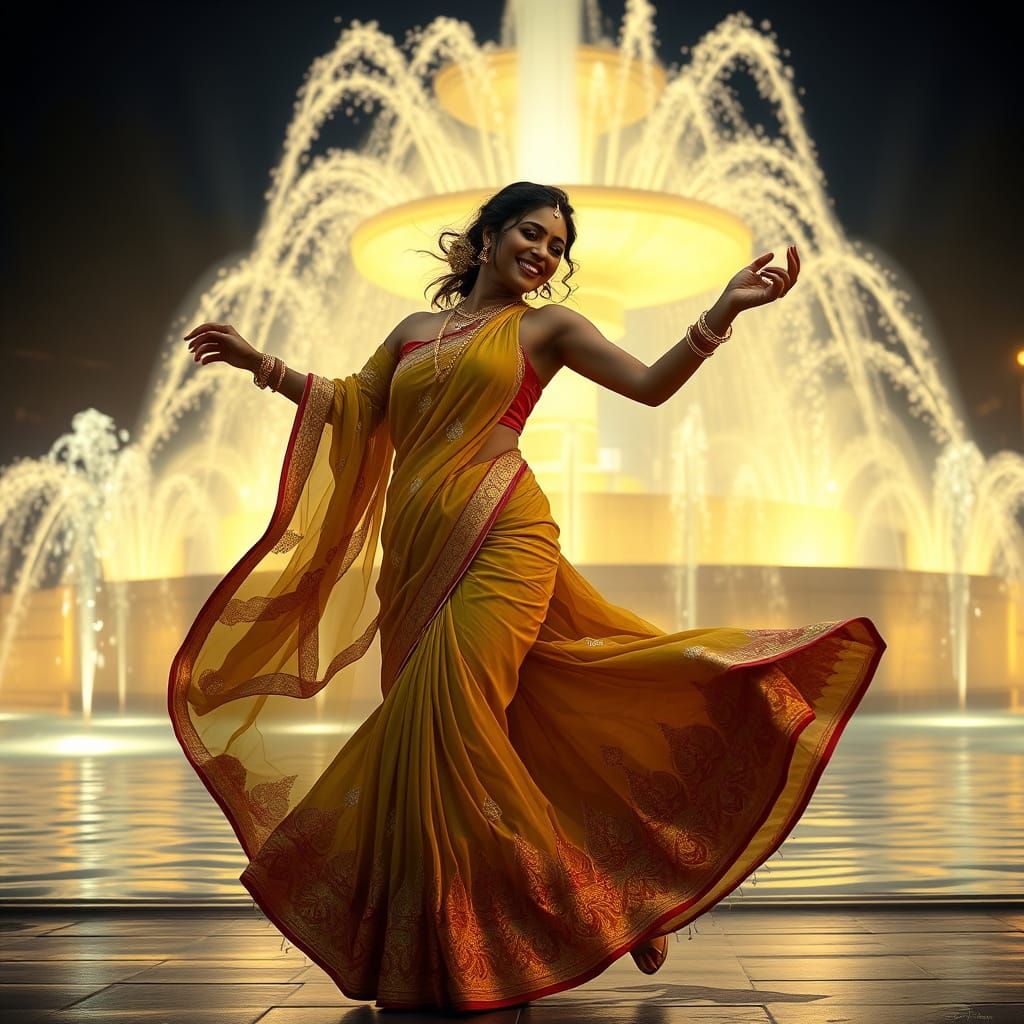 Indian Woman Dancing by Glowing Fountain