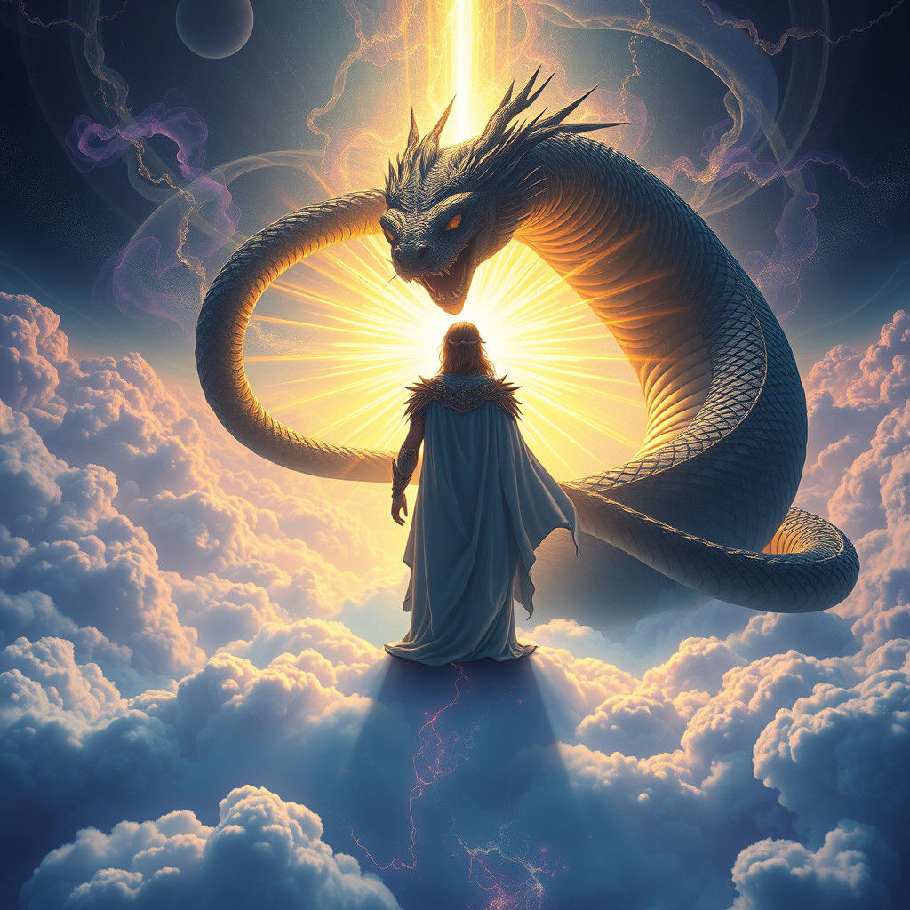 Hero Confronts Serpent on Celestial Clouds