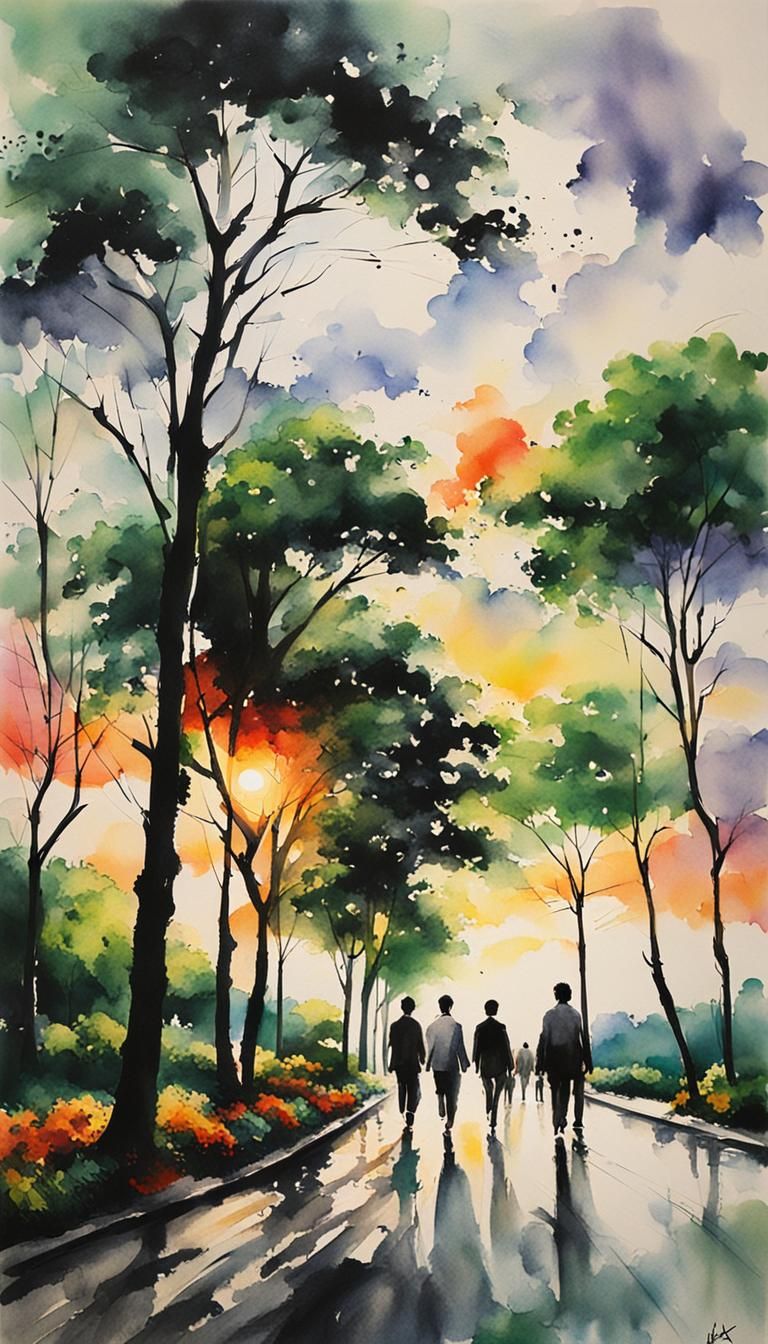 Ink Painting of People Walking on a Street