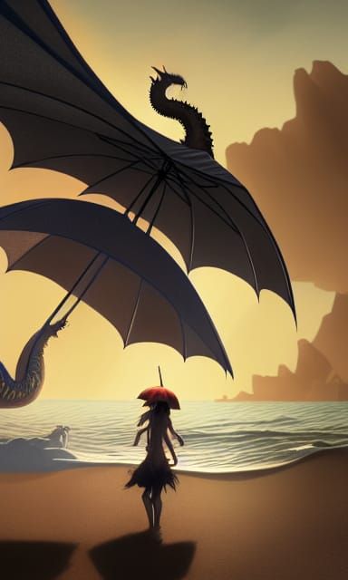 Sand Dragon Sunbathing: Dark Fantasy Beach Scene