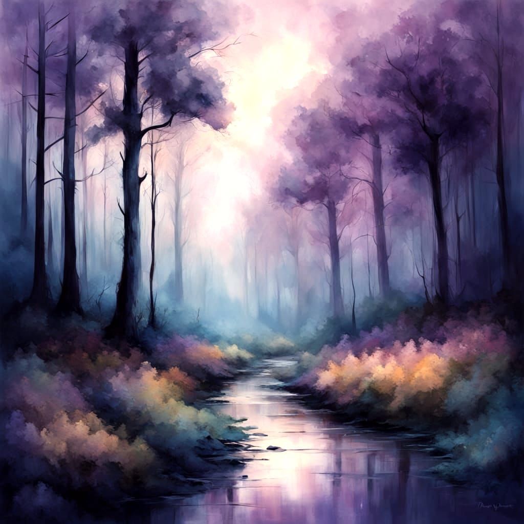 Enchanted Forest in Dark Tones, Deep Blues and Purples