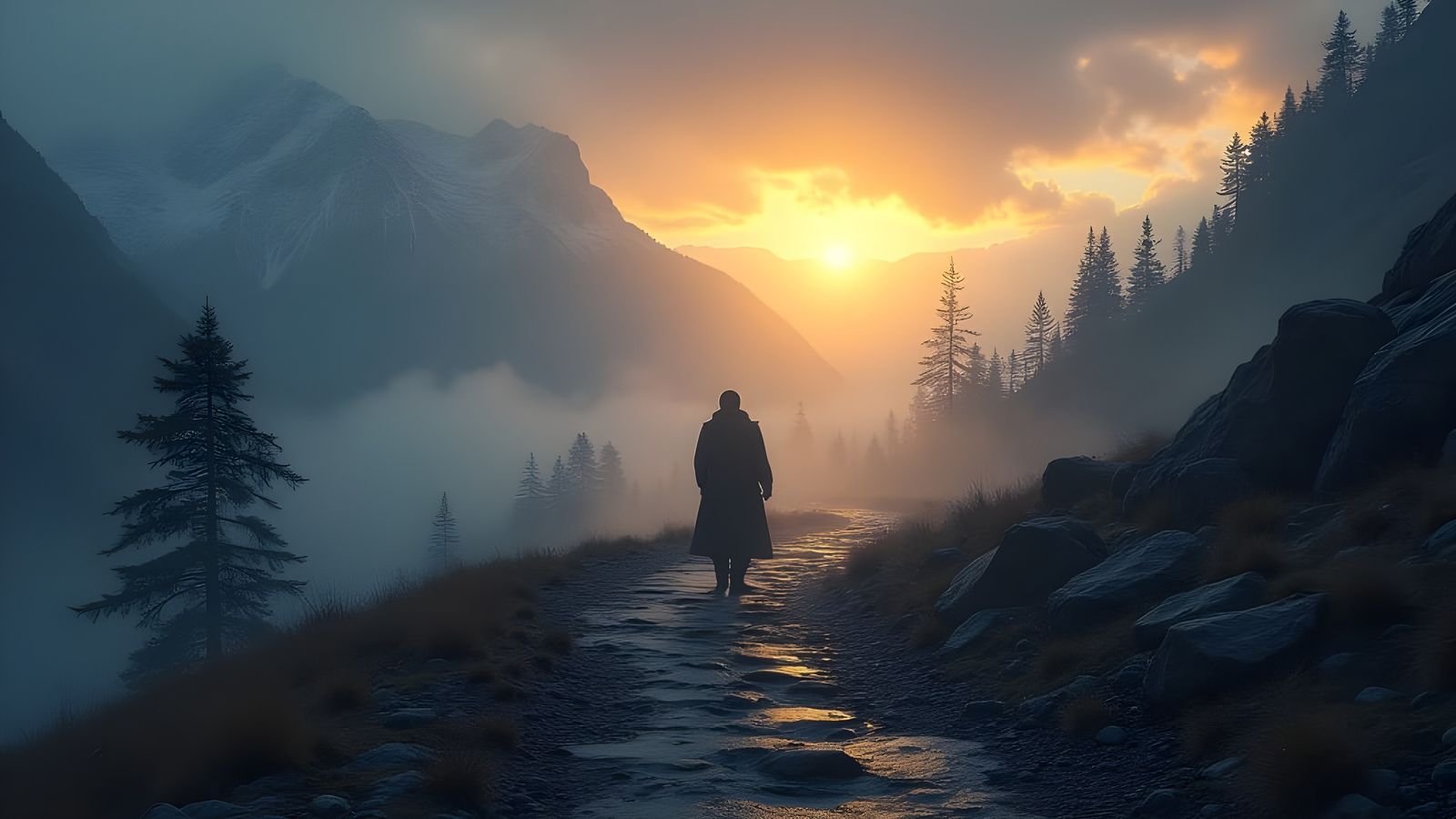 Ethereal Warrior Embarks on Ancient Quest Under Golden Light