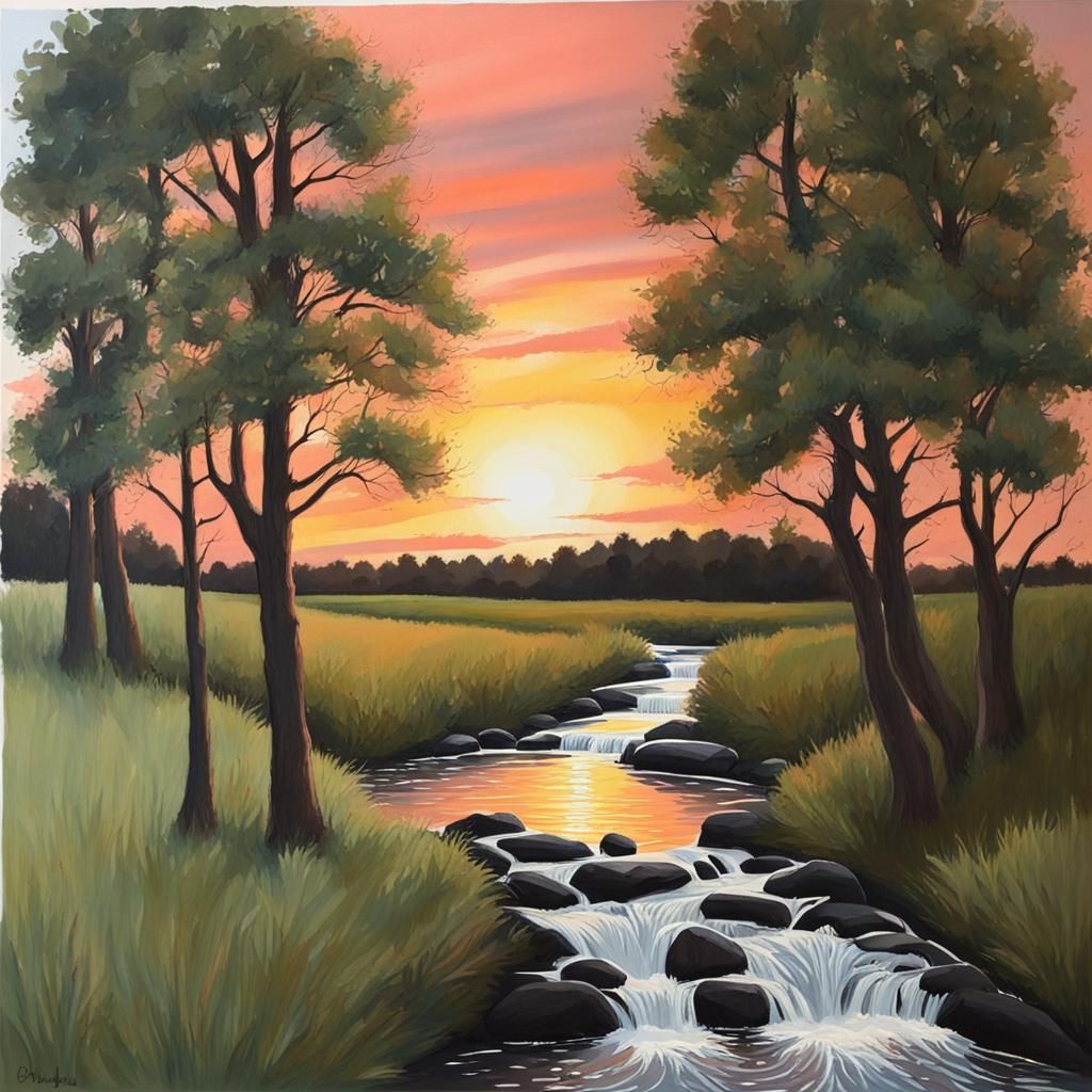 Gouache Sunset Painting of Trees and Stream