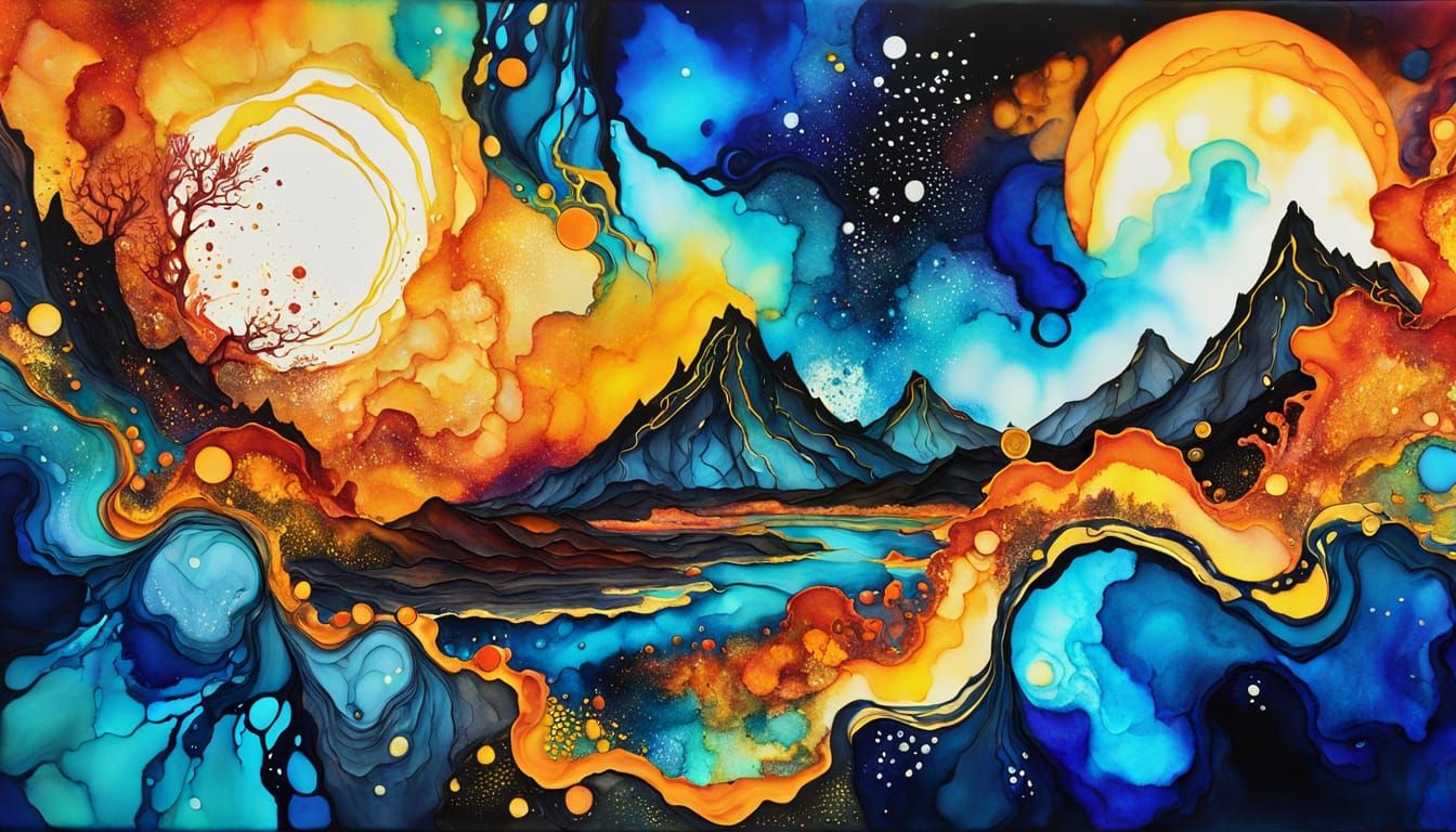 Volcanic Planet Eruption in Expressionist Alcohol Ink Art