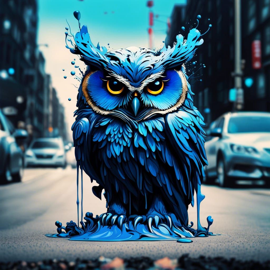Blue Chibi Owl Portrait in Inkblot Oil Painting