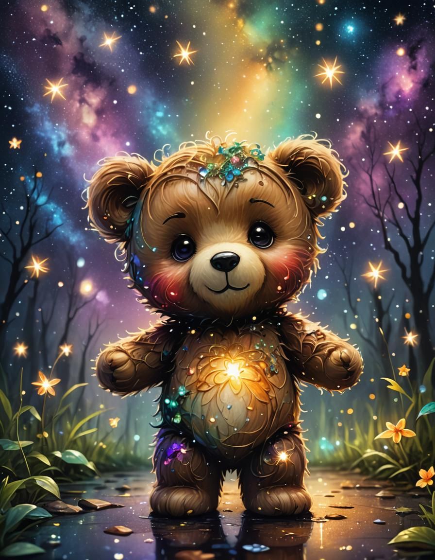 Magical Chibi Teddy Bear in Whimsical Night Scene