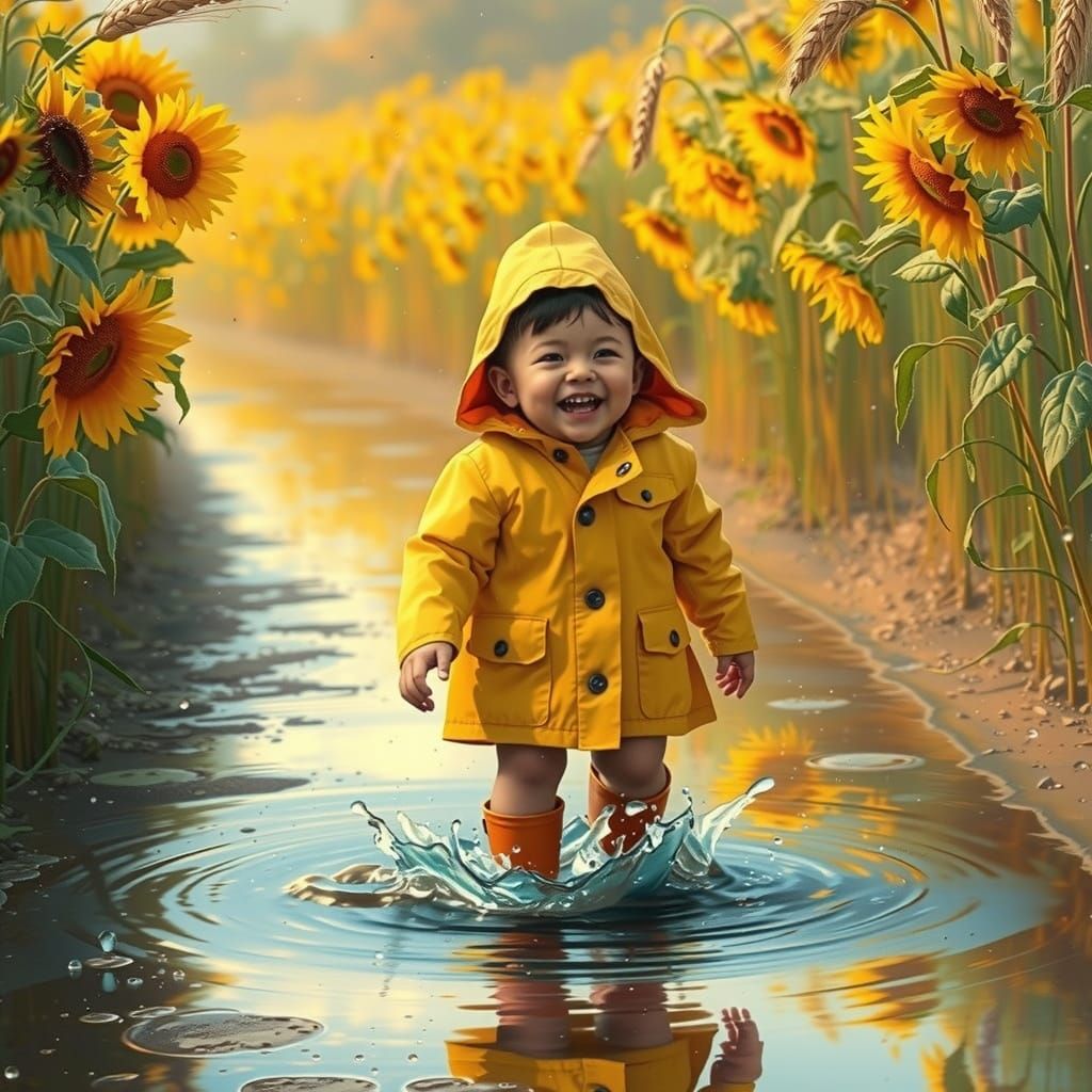 Child's Joyful Dance in Rainy Sunflower Field