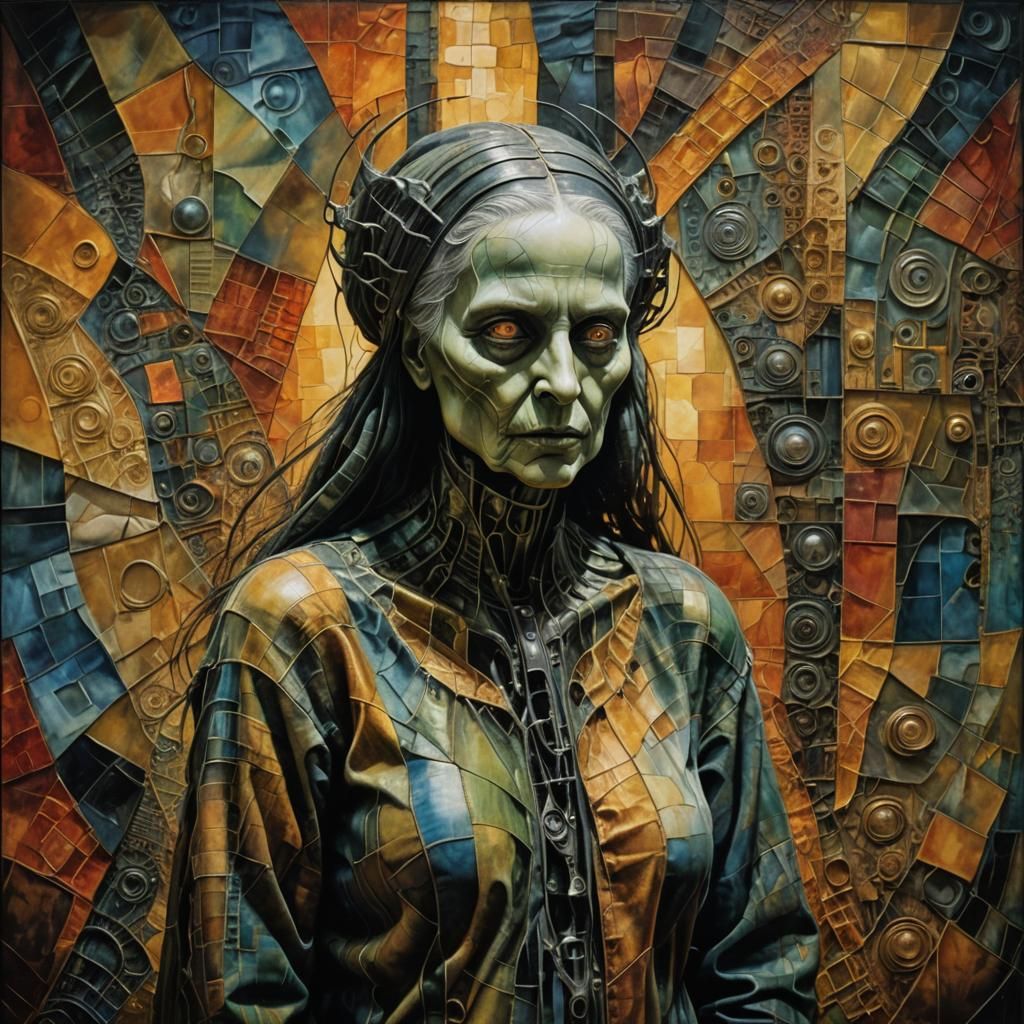 Surreal Woman in Vibrant Patchwork Dreamscape