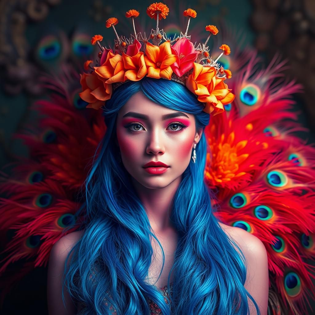 Regal Woman with Peacock Feathers in Hyperrealism