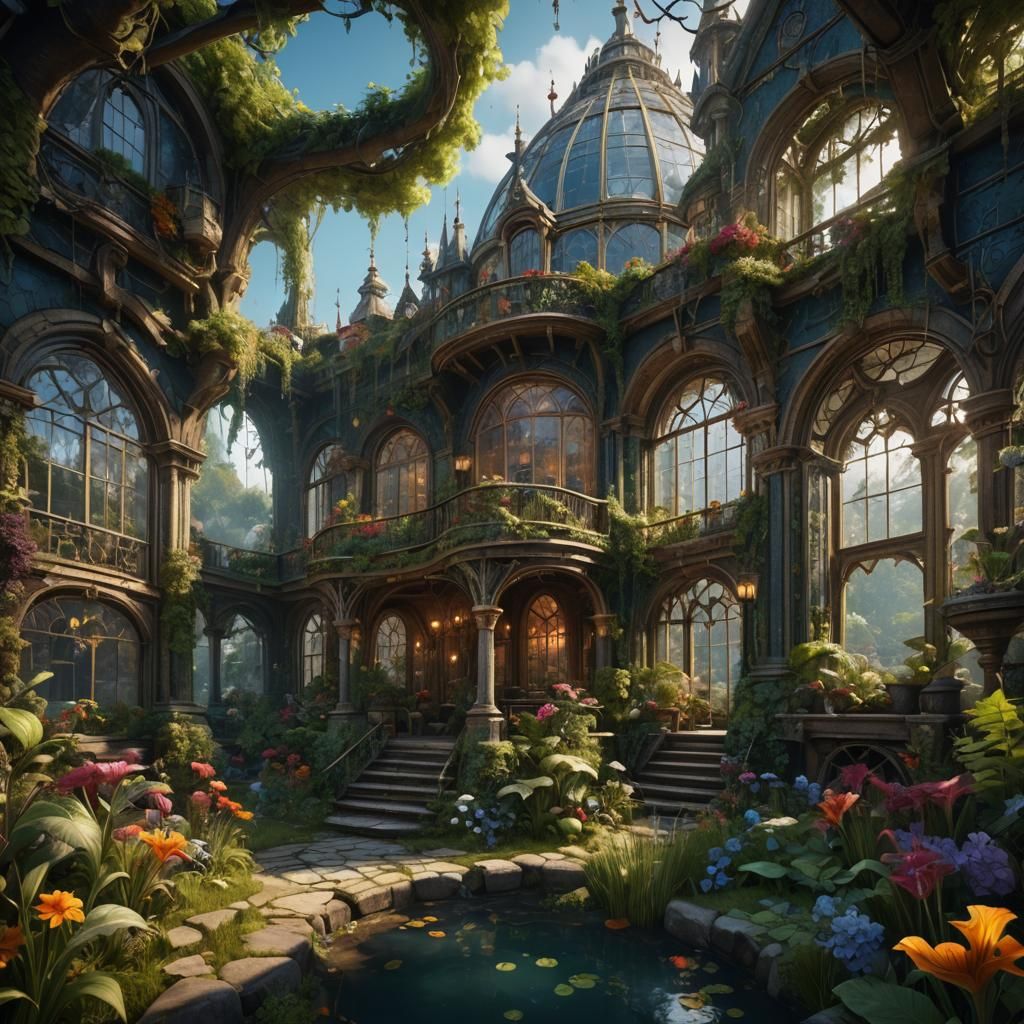 Glasshouse in Garden: Detailed Matte Painting