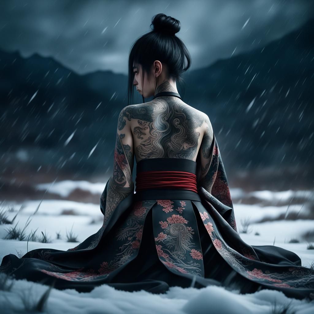 Tattooed Woman with Katana in Snowy Landscape