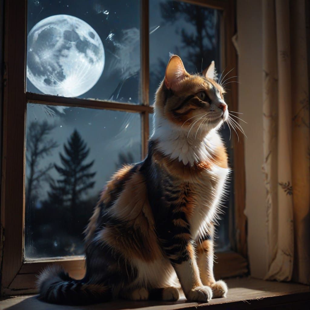 Calico Cat in Window Gazing at Full Moon Double Exposure