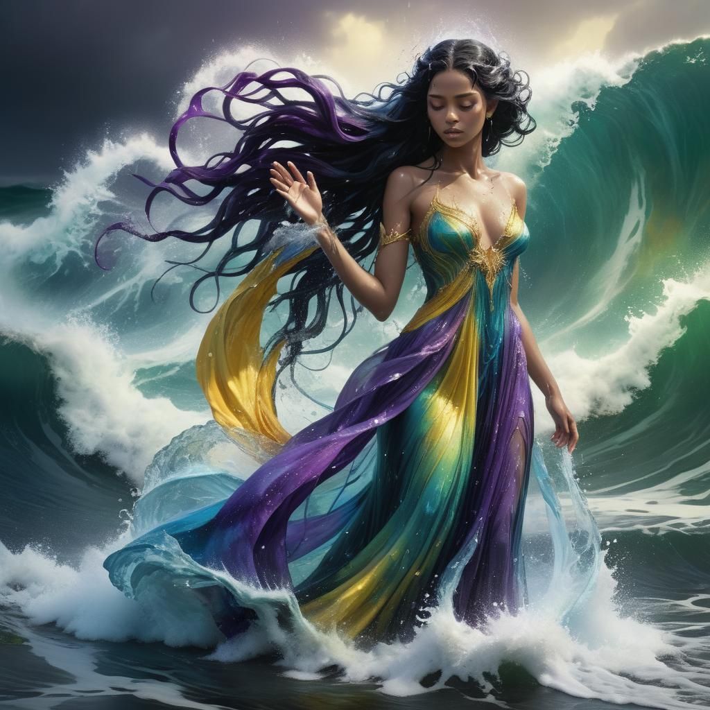 Water Goddess Between Waves, Dark Fantasy Concept Art