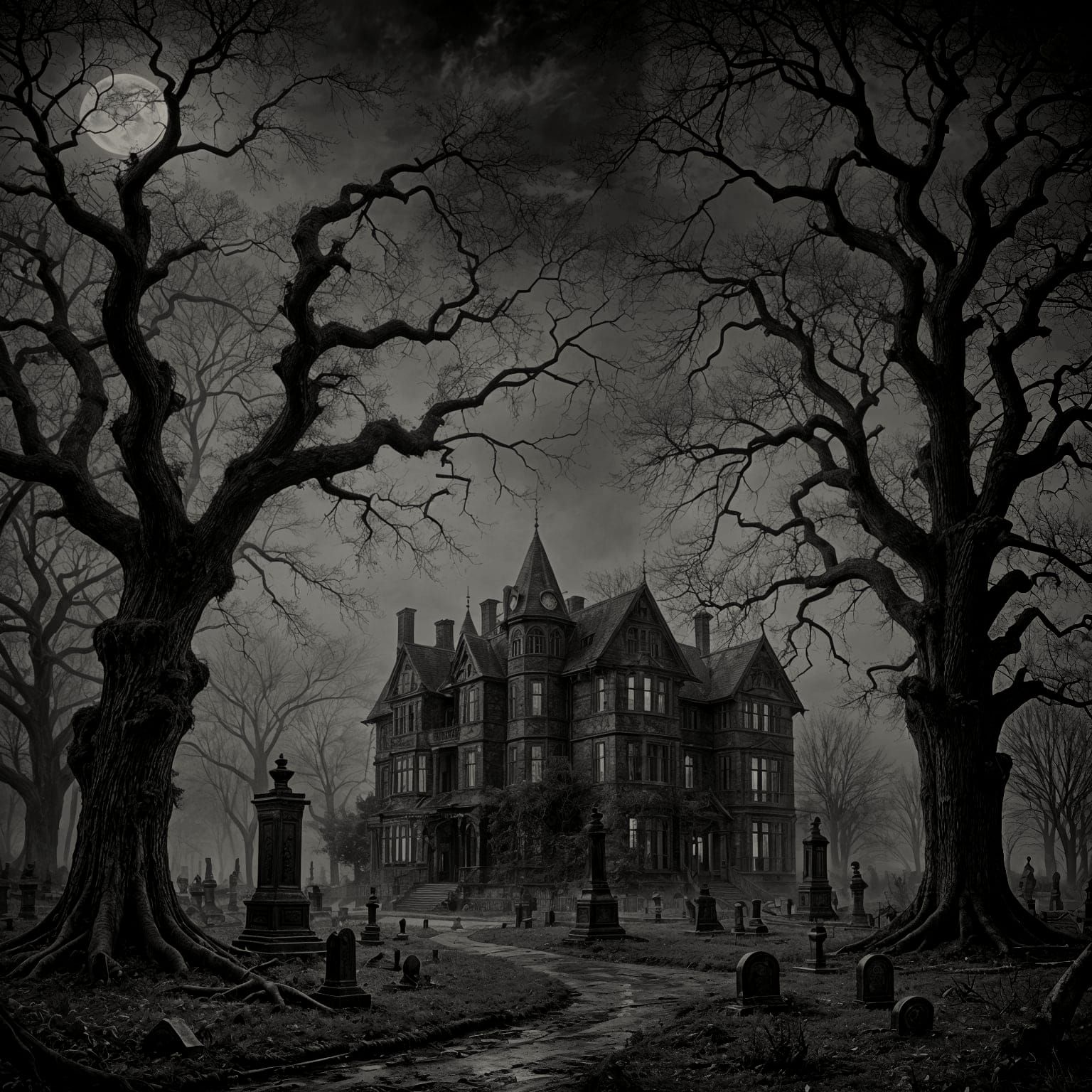 Gothic Victorian Manor in Moonlit Forest