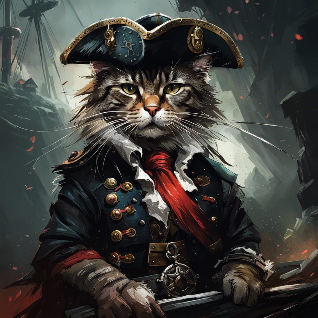 Fierce Pirate Cat Portrait in Dark Style