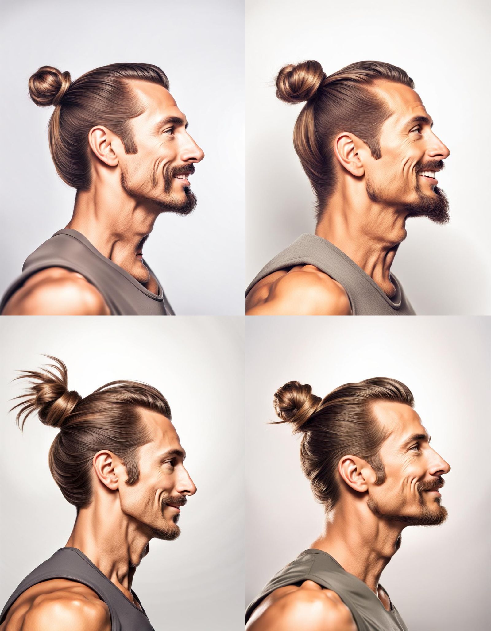 Side angle selfie on white background, tan male early 40’s with long hair put up in a high bun, attractive male with a s...