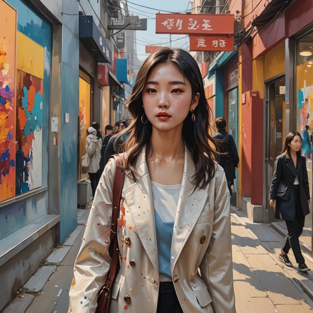 Korean Girl at Gallery Opening in Splash Art Style