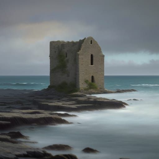 Oil Painting of Ancient Ruin by the Sea at Afternoon