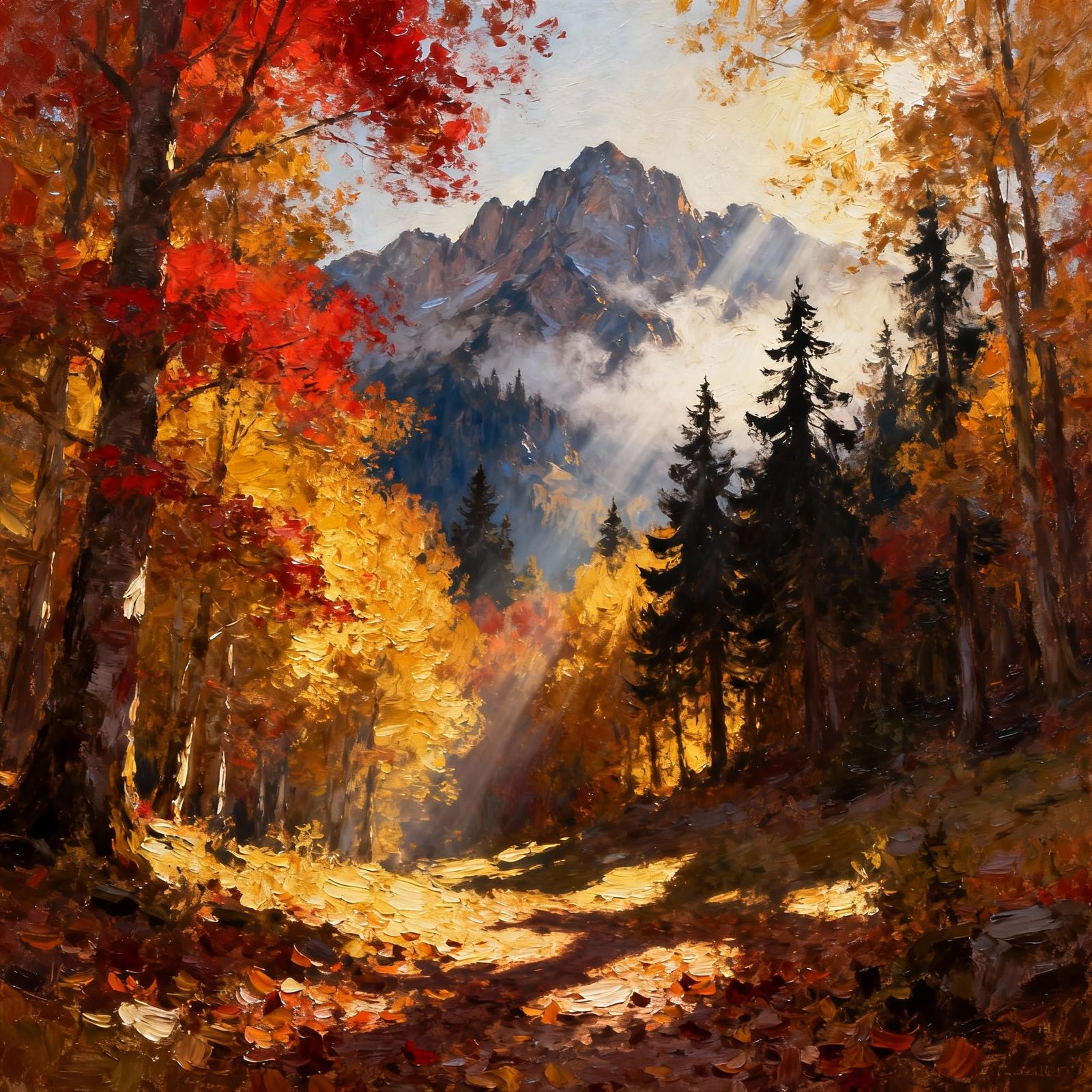 Golden Autumn Forest Landscape with Mountain Peaks