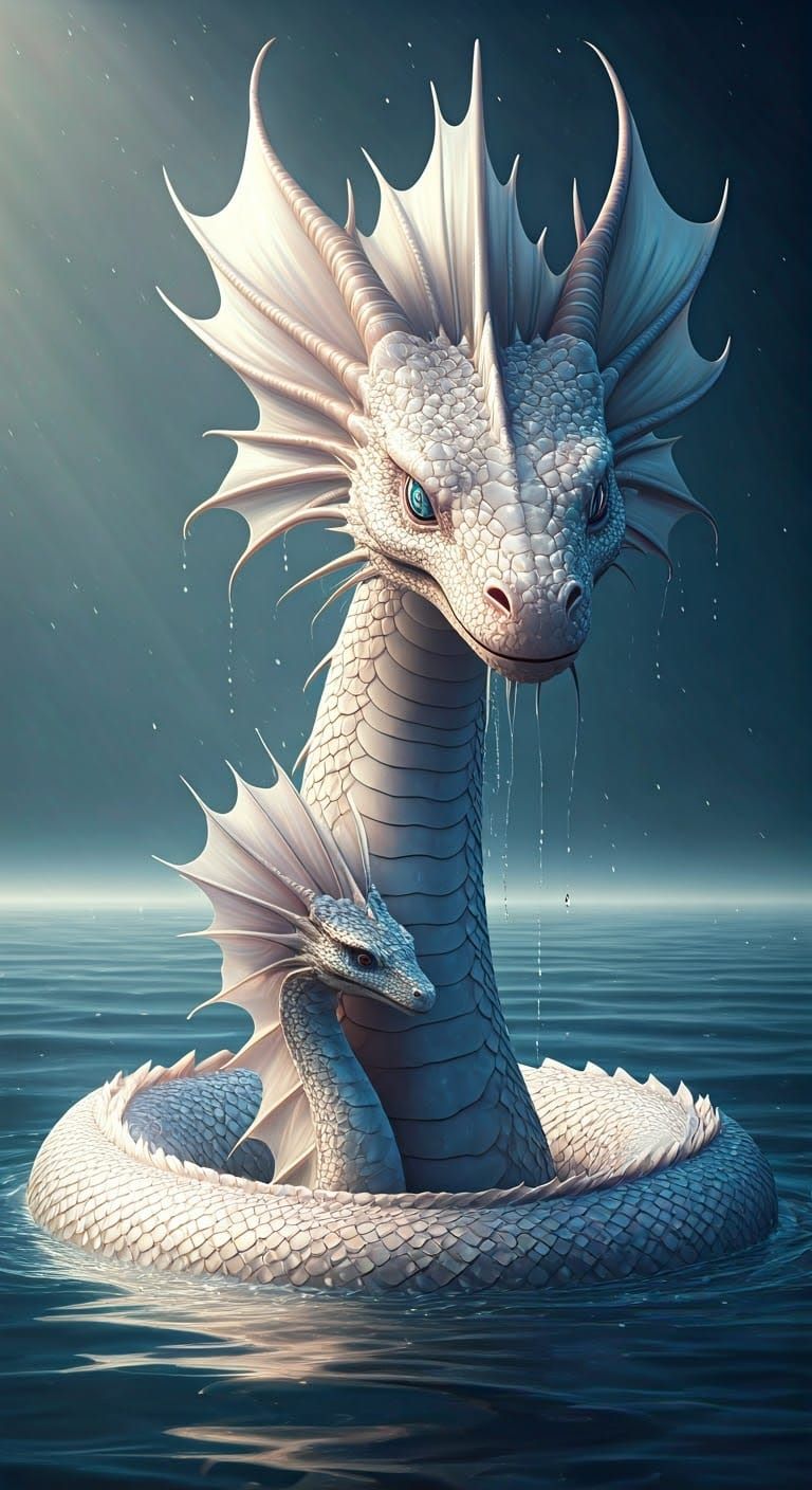 Iridescent Sea Serpent with Baby, Photorealistic Digital Art