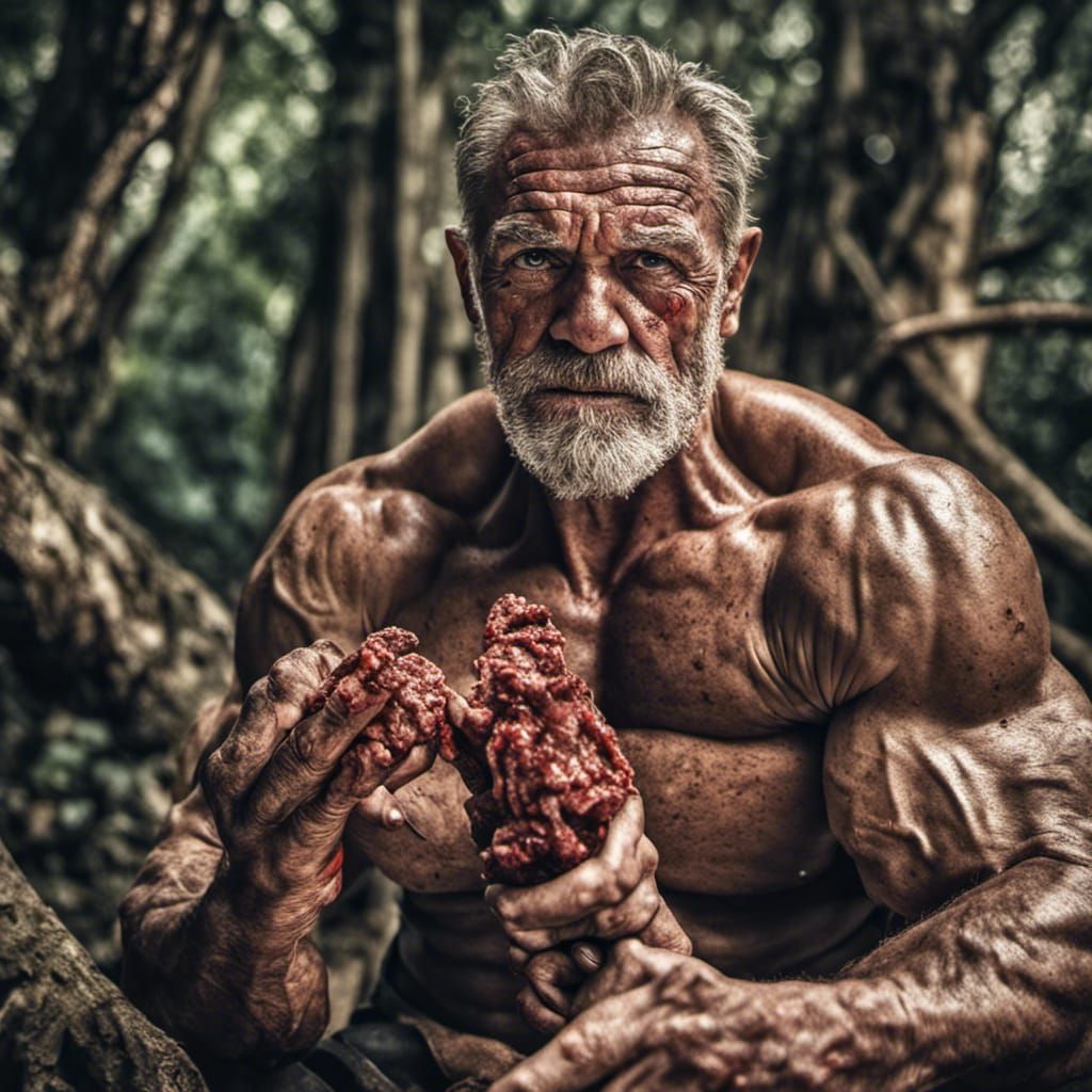 Hyperrealistic Old Bodybuilder Eating Raw Liver in Jungle