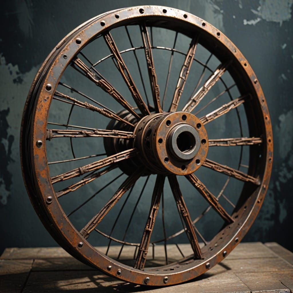 Industrial Wheelchair Sculpture in Mixed Media Art Style