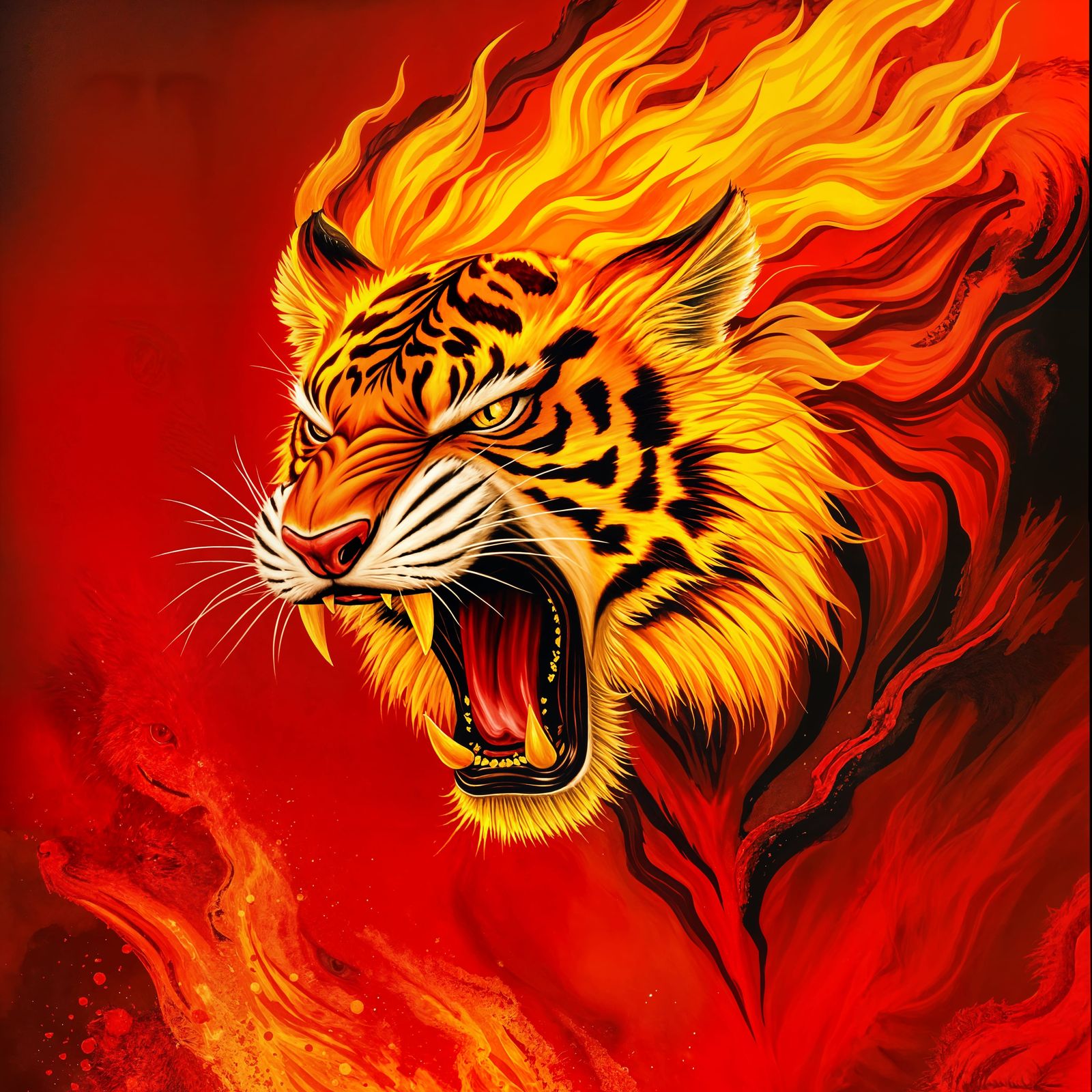 Fiery Tiger Elemental Spirit Roars with Intense Flames