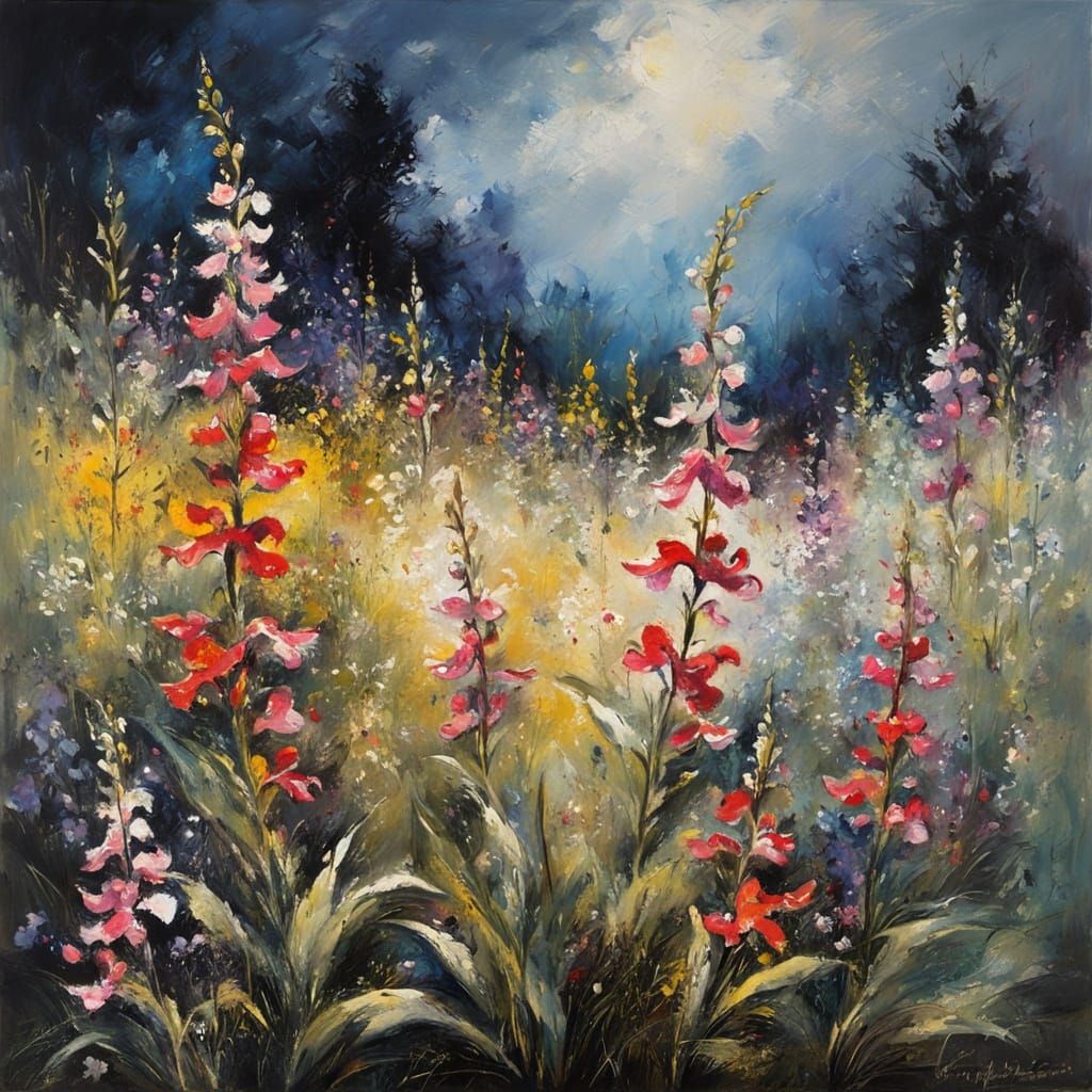 Penstemons in Encaustic Oil, Dramatic Lighting
