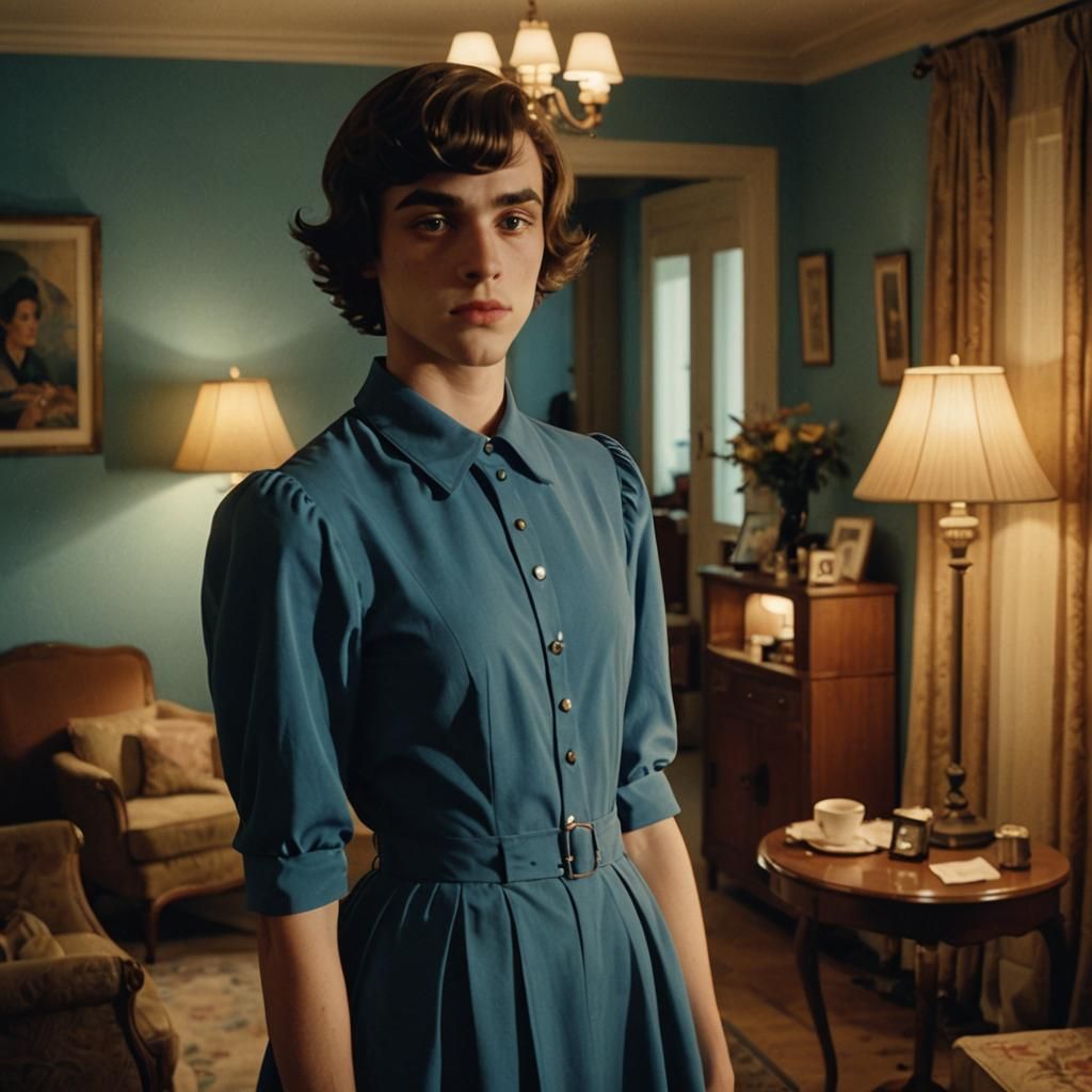 Crossdresser in Nanny Dress: French New Wave Film Still